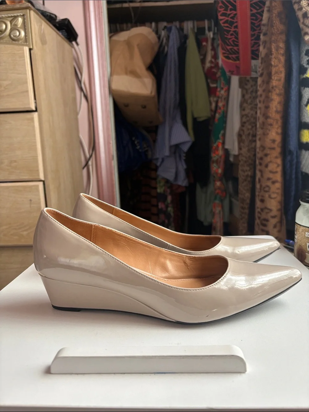 Calvin Klein Women's Beige Garya Patent Pointed-Toe Wedges